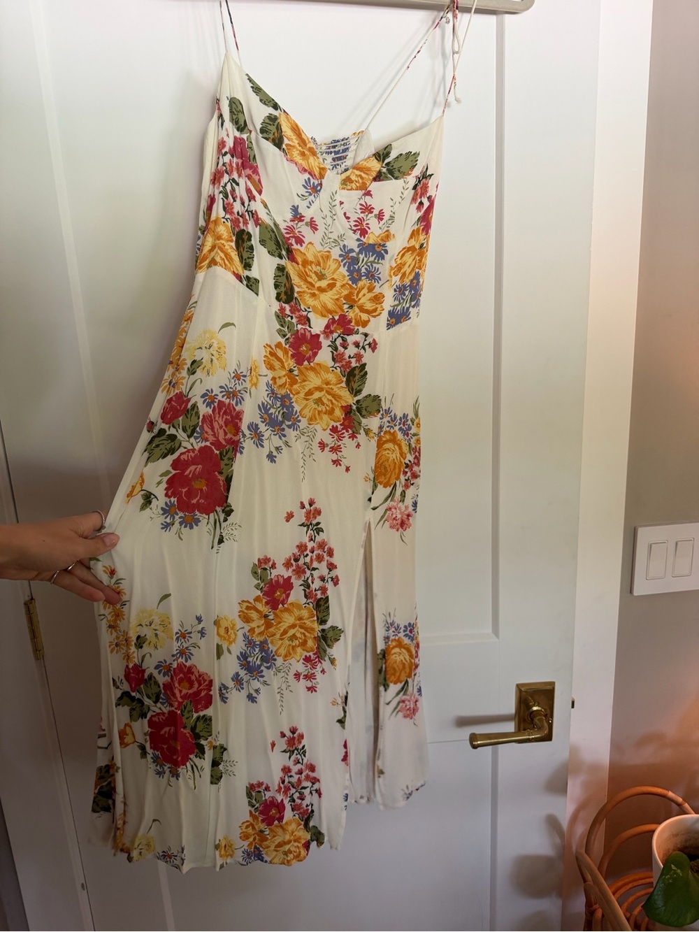 Reformation Ivory Floral Slip Dress with Yellow and Pink Blooms